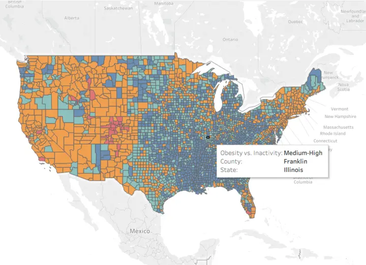Tableau-generated bivariate map displaying combined obesity and physical inactivity attributes