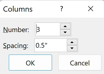 Columns dialog box for text boxes with fields for number of columns and spacing