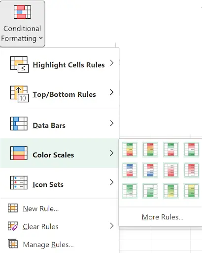 Color Scales submenu showing 12 color gradient options in 2-color and 3-color varieties