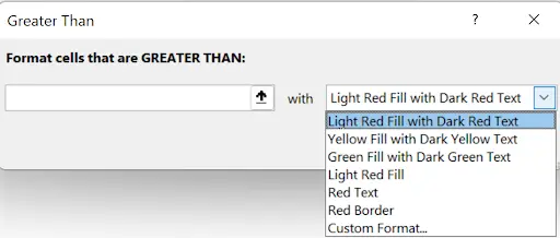 Dropdown menu showing format options including light red fill, yellow fill, green fill, and custom format