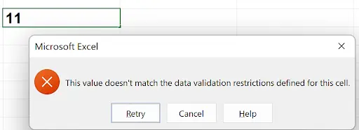 Excel data validation error message dialog preventing entry of a value that does not meet restrictions