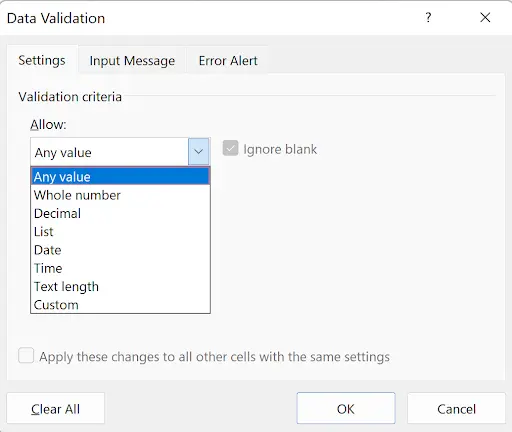 Data Validation dialog showing the Settings tab with restriction options like Whole number, Decimal, List, and Date