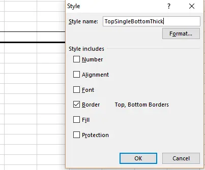 Screenshot of an Excel 'Style' dialog box named 'TopSingleBottomThick, ' displaying border options for top and bottom lines.
