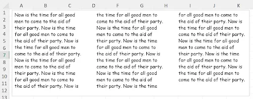 Excel text box formatted with multiple columns displaying text flowing between them