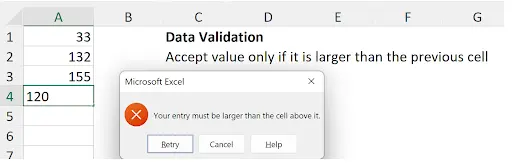 Data Validation Custom formula ensuring each value is larger than the previous cell value