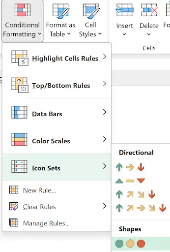 Screenshot of Microsoft Excel’s Conditional Formatting dropdown menu displaying options like Highlight Cells Rules, Top/Bottom Rules, Data Bars, Color Scales, and Icon Sets (including directional arrows and shapes).