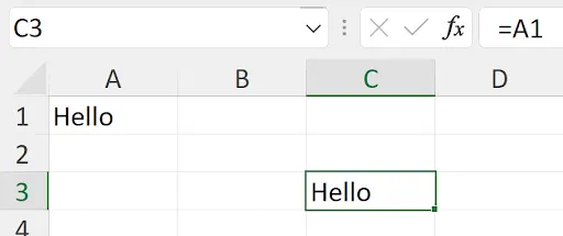 Excel spreadsheet with values in cells A1 through C3 showing Hello in A1 and numbers in other cells