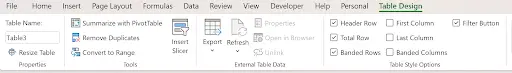 Screenshot of the Excel ribbon with the 'Table Design' tab selected. On the left is the Table Name field (e.g., 'Table3'). In the center are tools like 'Summarize with Pivot Table, ' 'Remove Duplicates, ' and 'Convert to Range.' On the right, the Table Style Options group displays checkboxes for 'Header Row, ' 'Total Row, ' 'Banded Rows, ' 'Banded Columns, ' 'First Column, ' 'Last Column, ' and 'Filter Button.' The other Excel tabs (File, Home, Insert, etc.) appear above the ribbon.