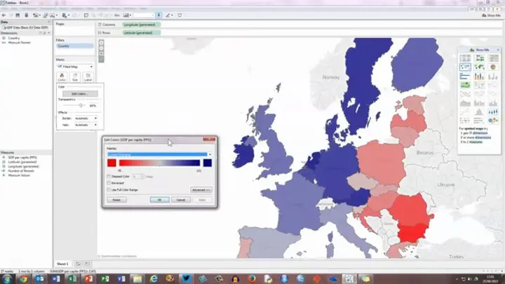 Screenshot of a color-coded map of Europe in a data visualization tool (e.g., Tableau). A dialog box in the foreground shows a red-to-blue gradient, indicating different values for a selected metric (possibly GDP PPP per capita), with each country shaded accordingly.