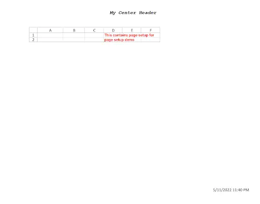 Print preview of Sheet1 showing landscape orientation with row and column headers and custom header text