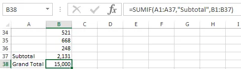 SUMIF formula in Excel that sums values where column A contains the word Subtotal