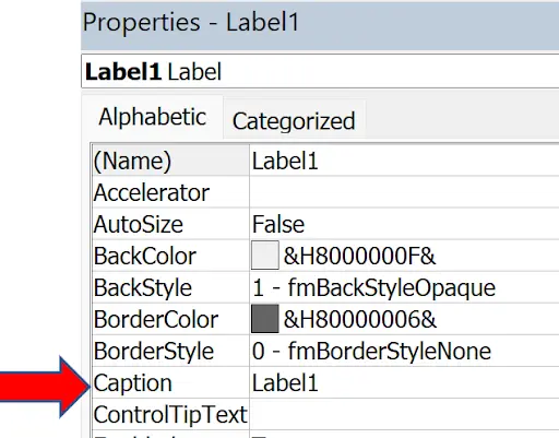 Forms With Vba In Excel example showing while this is still selected, the properties shows this:
