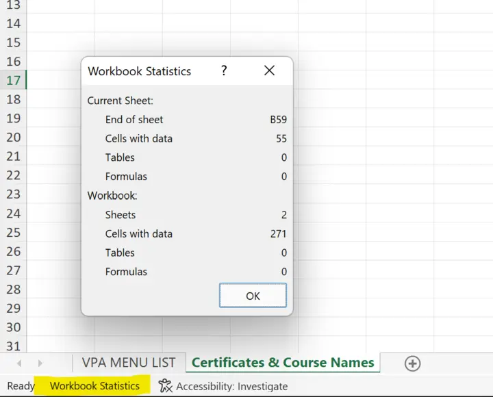 Worksheets Statistics Button amp Dialog Box