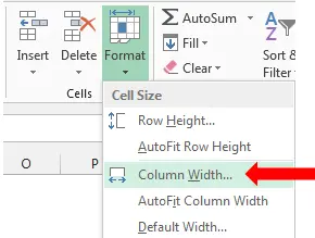 Screenshot of Microsoft Excel’s Home tab with the Format drop-down under Cell Size visible, showing options like Row Height, AutoFit Row Height, Column Width (highlighted by a red arrow), and AutoFit Column Width.