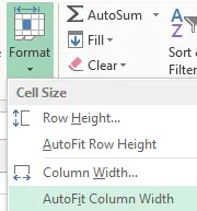 Screenshot of the Excel ‘Format’ dropdown under the Home tab, displaying cell size options including Row Height, AutoFit Row Height, Column Width, and AutoFit Column Width.