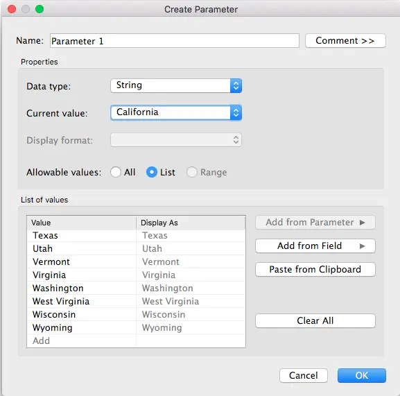 Tableau parameter control widget displayed on the worksheet