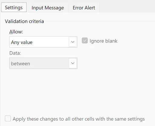 Data Validation Settings tab showing the Apply these changes to all other cells with the same settings checkbox