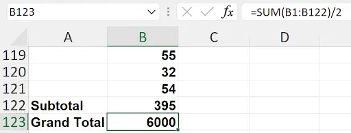 Excel cell showing the formula =SUM(B1:B122)/2 as a simple grand total solution