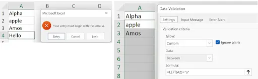 Data Validation Custom formula restricting entries to begin with a specific letter