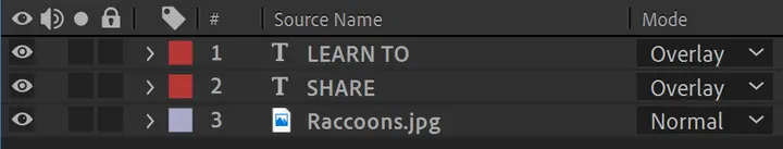 After Effects layers panel showing text layers with Overlay blending mode