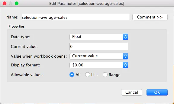 Tableau Create Parameter dialog for selection-average-sales set to Float data type