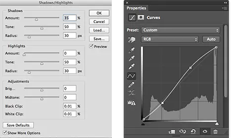 Adjusting Highlights and Shadows dialog boxes