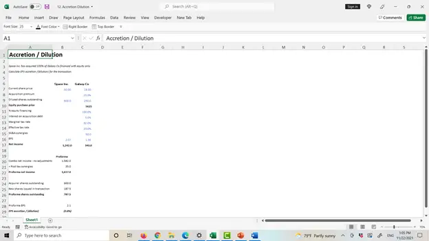 Screenshot of a Microsoft Excel workbook titled 'Accretion / Dilution' displaying financial or analytical data in columns and rows, with the Excel ribbon visible and standard menu tabs (Home, Insert, etc.) at the top.