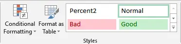 Screenshot of the Excel ribbon’s ‘Styles’ group, displaying selectable style tiles labeled ‘Percent2, ’ ‘Normal, ’ ‘Bad’ (pink), and ‘Good’ (green).