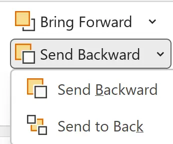 Excel Send Backward dropdown showing Send Backward and Send to Back options