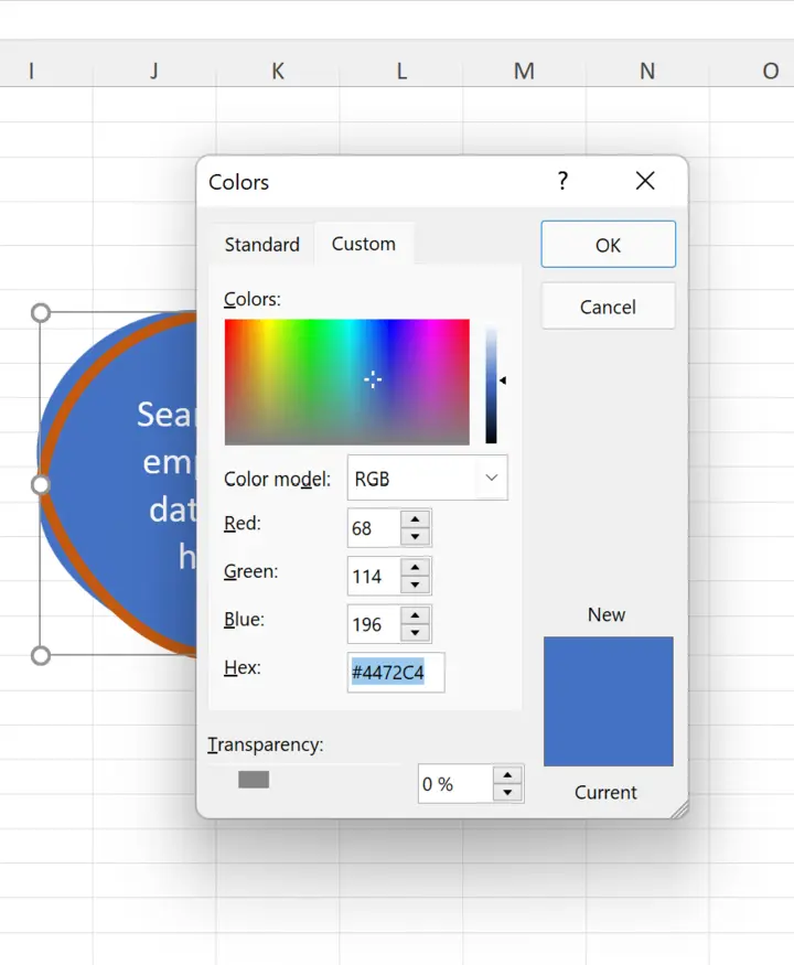 Screenshot of Microsoft Excel with the 'Colors' dialog box open, showing a custom RGB color model (68,114,196) and hex code #4472C4 for a blue circular shape containing the text 'Search employees data here.'