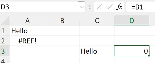 Excel spreadsheet showing results of pasting cell C3 to D3 and A2, with 0 in D3 and REF error in A2