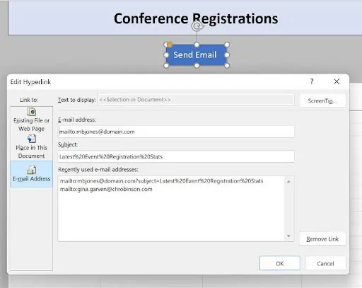 Screenshot of an ‘Edit Hyperlink’ dialog box in a presentation software, showing a mailto link with the subject 'Latest Event Registration Stats' and a 'Send Email' button for conference registrations.
