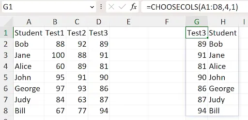 Excel CHOOSECOLS function selecting and rearranging specific columns from a range