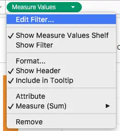 Tableau Edit Filter dialog for Measure Values showing available fields