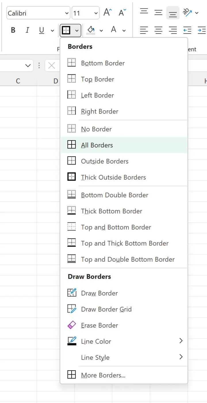 Excel Borders dropdown menu showing All Borders option to restore gridlines on colored fills