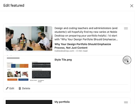 LinkedIn Featured section with reordering controls for displayed content