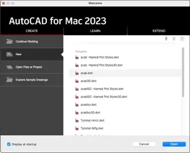 The Mac AutoCAD welcome screen