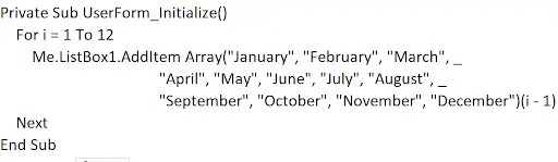 VBA code using an Array function to populate a ListBox with manually typed month names