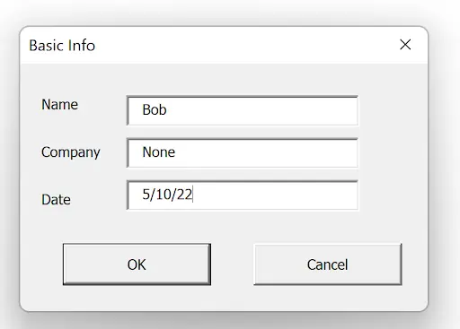 Forms With Vba In Excel example showing something like this, after filling in the fields: