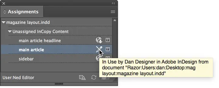 assignments panel someone else has file checked out