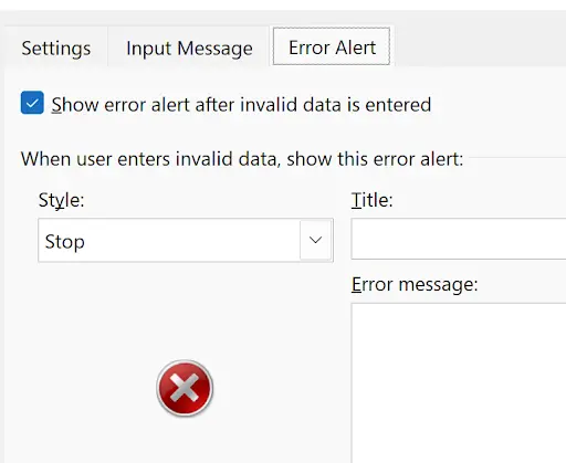 Data Validation Error Alert tab showing Stop, Warning, and Information style options