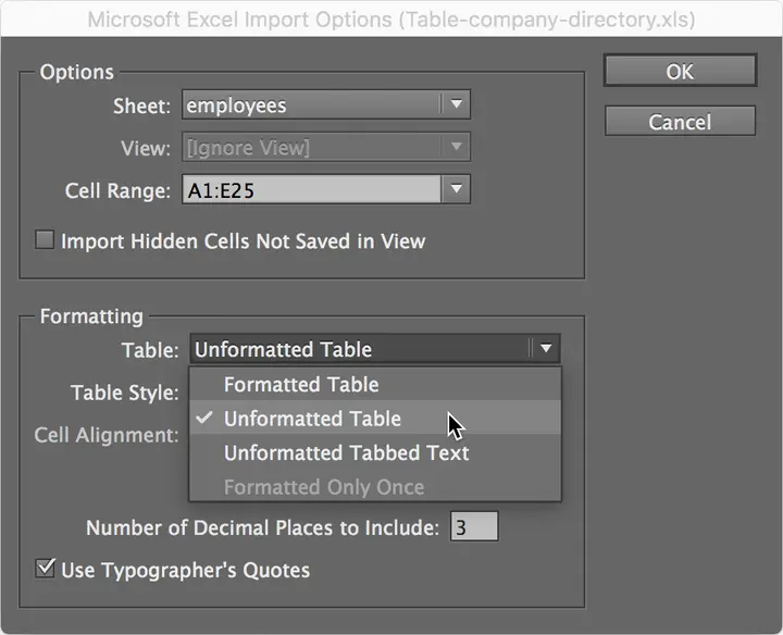 table import options