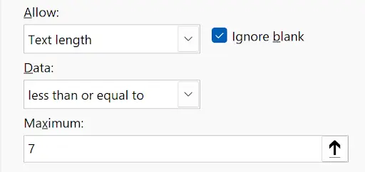 Data Validation Settings tab configured for Text Length restriction with specific length limits