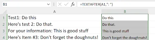 Excel cells showing TEXTAFTER function results extracting text after the colon and space