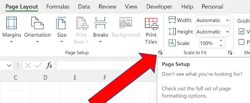 Screenshot of the Excel ‘Page Layout’ tab ribbon, featuring page setup tools (Margins, Orientation, Size, Print Area, etc.) and a prominent red arrow indicating the ‘Page Setup’ dialog box launcher.