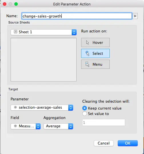 Tableau parameter action with Source Field set to Measure Value and Aggregation set to Average