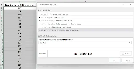 New Formatting Rule dialog using a formula to determine which cells to format with the formula =A2>100
