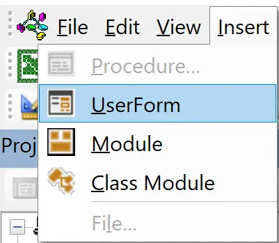 Forms With Vba In Excel example showing use insert/userform:
