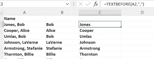 Screenshot of an Excel worksheet with a list of names in the 'LastName, FirstName' format in column A. Column C uses a TEXTBEFORE formula (e.g., =TEXTBEFORE(A2, ', ')) to extract and display only the last names such as 'Jones' from 'Jones, Bob.'