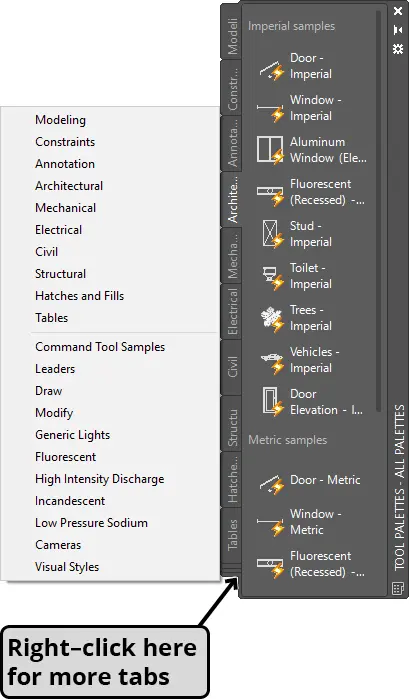 tool palettes right click for more